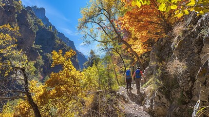 Naklejka premium Hikers exploring a sunlit trail surrounded by vibrant autumn foliage in a scenic mountainous region