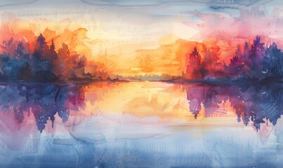 Watercolor abstract twilight reflections on white.
