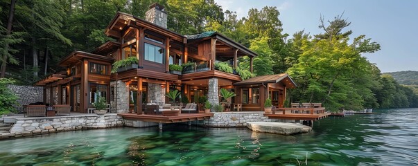 Obraz premium Lake house with a private beach.