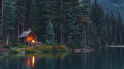 Cozy cabin by a serene lake surrounded by tall evergreen trees during twilight