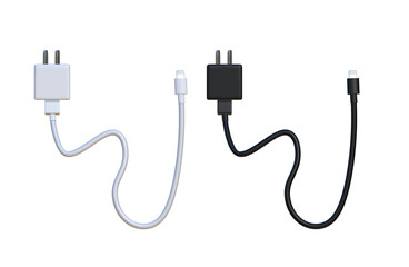 Mobile phone charger set. Realistic smartphone power supply. 3D USB cables, cords and electric plugs.