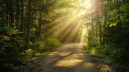 Obraz premium Sunlight filters through tree branches on a serene forest path during golden hour