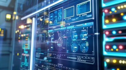 A smart energy management system with digital interfaces, highlighting technology's role in promoting energy efficiency and sustainability.