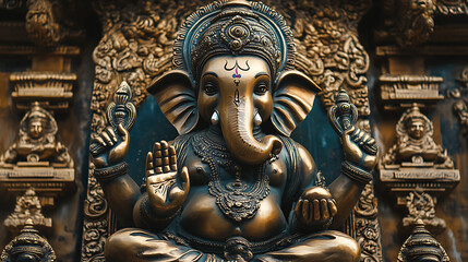 Fototapeta premium Golden ganesha statue posing in a temple in india