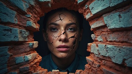 A woman with a cracked face peers through a broken wall in a dimly lit room