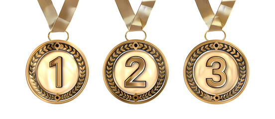 Winner golden medal set isolated on transparent background. First, second and third place in competition. Game champion prize award of honor. Collection for design