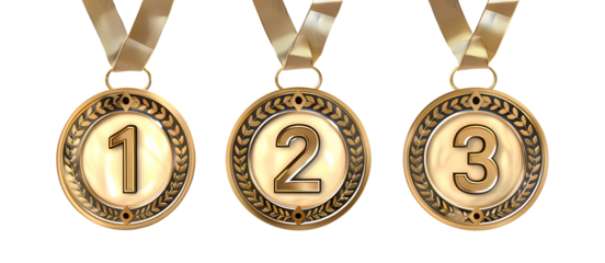 Winner golden medal set isolated on transparent background. First, second and third place in competition. Game champion prize award of honor. Collection for design