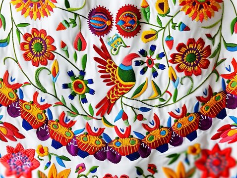 Colorful Mexican embroidery floral pattern on a white background