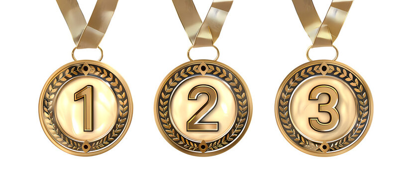 Winner golden medal set isolated on transparent background. First, second and third place in competition. Game champion prize award of honor. Collection for design