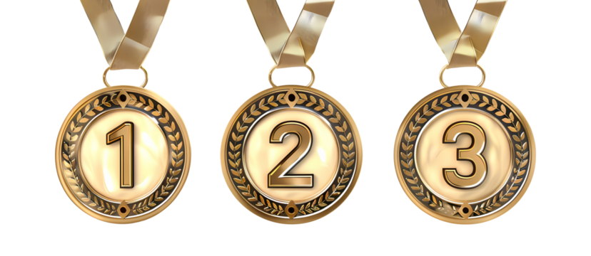 Winner golden medal set isolated on transparent background. First, second and third place in competition. Game champion prize award of honor. Collection for design