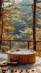Fototapeta premium Wooden deck with a hot tub, offering views of a pine forest in fall..