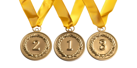Winner golden medal set isolated on transparent background. First, second and third place in competition. Game champion prize award of honor. Collection for design