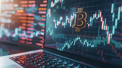 a laptop screen displaying a shiny Bitcoin symbol, overlaid with graphs indicating an upward trend in value. The background features additional upward trending lines and stock market numbers