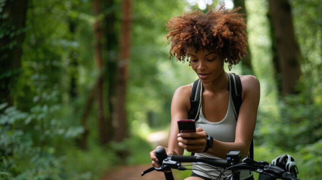 Cyclist woman enjoying nature, fitness and wellness, capturing moments on smartphone for social media