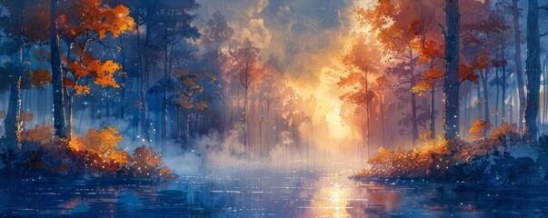 Watercolor abstract sunlit forest with sparkling streams.
