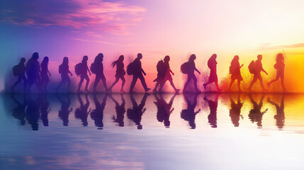 A group of individuals strolls along the beach, leaving footprints in the sand as the sun sets, casting colorful reflections in shallow water