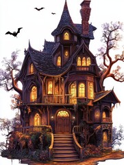 Enchanted Halloween House with Bat Silhouettes
