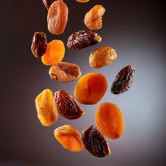 Dried fruits like apricots, figs, and dates falling through the air.