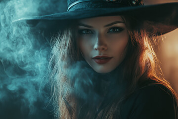 mysterious witch in smoky light
