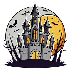 Castle Silhouette Full Moon Halloween Background Vector Illustration – SVG Files, Cricut Cut Files, Line Art Vector Logo Icons, Graphic Element & T-shirt Design