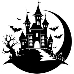 Castle Silhouette Full Moon Halloween Background Vector Illustration – SVG Files, Cricut Cut Files, Line Art Vector Logo Icons, Graphic Element & T-shirt Design