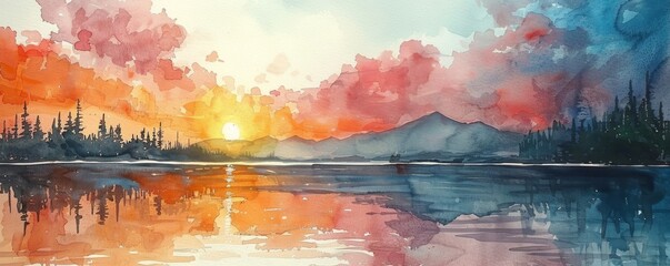 A painting of a sunset over a lake with mountains in the background
