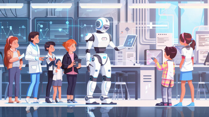 Obraz premium Field trip to robotics laboratory, children interacting with scientist and robotic technology