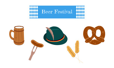 Vector set for Oktoberfest. Hat, wooden glass, beer, sausage. Beer festival