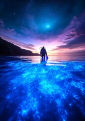 Fototapeta premium Scuba Diver Exploring Bioluminescent Waters at Twilight with Starry Sky