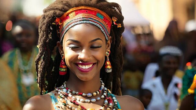 young teenage African American girl with braid hairstyle smiling with tropical boho festival as background
