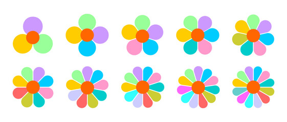 Set of flower shapes. Floral diagrams with petals from 3 to 12 for data presentation isolated on white background. Infographic templates. Vector flat illustration.