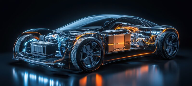 A contemporary cross-section illustration of an electric car