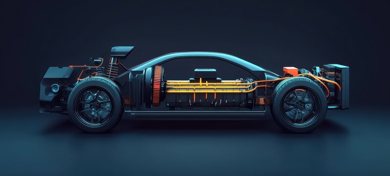 A contemporary cross-section illustration of an electric car