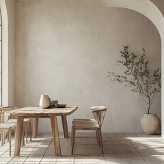 A modern, minimalist dining room with a large table and chairs