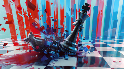 a dramatic scene on a chessboard. A black king piece is being shattered by an unseen force, while a white queen piece lies fallen beside it