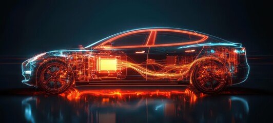 Naklejka premium Electric car emphasizing the flow of energy through cables, motors, and batteries, with bright highlights on a dark background