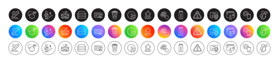 Rate button, Delivery man and Arena line icons. Round icon gradient buttons. Pack of Puzzle time, Edit, Pants icon. Engineering documentation, Certificate, Customer survey pictogram. Vector