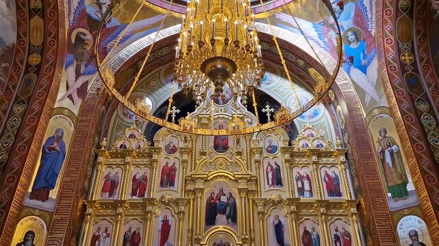 Curchi Monastery inside view of the golden altar and painted walls. Christian Orthodox church in Orhei, Moldova. Golden chandelier with glowing candles suspended from ceiling cupola