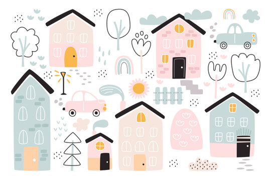 Childish city street with houses apartment, cars and trees doodle design elements for baby shower