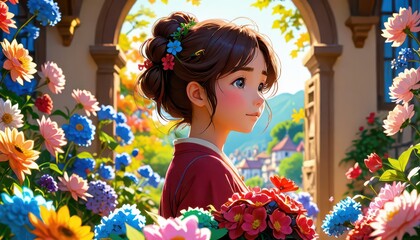 Naklejka premium Anime Girl in a Garden.