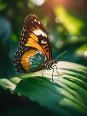 Obraz premium of a colorful butterfly walking on a leaf surrounded by greenery