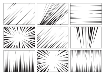 Monochrome frames with manga lines in different design set for comics book and magazines creation