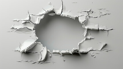 Jagged hole smashed through a clean white wall, cut out, revealing rough interior details