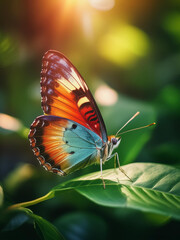Obraz premium of a colorful butterfly walking on a leaf surrounded by greenery