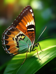 Obraz premium of a colorful butterfly walking on a leaf surrounded by greenery