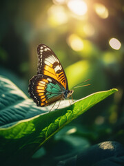 Obraz premium of a colorful butterfly walking on a leaf surrounded by greenery