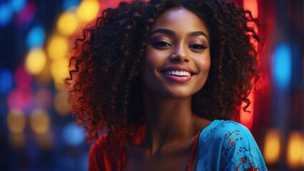 Fototapeta premium Smiling African American woman in colorful attire enjoying a vibrant urban environment at dusk