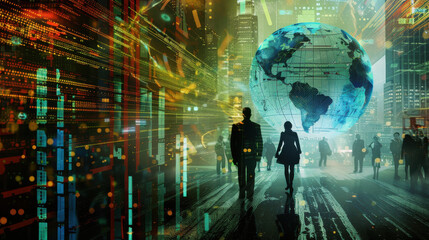 Fototapeta premium Mixed media scene of global professionals and digital tech, illustrating effective HR management and strategic planning