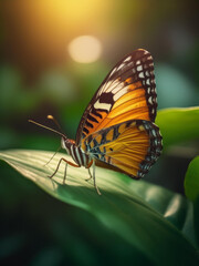 Fototapeta premium of a colorful butterfly walking on a leaf surrounded by greenery