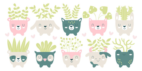 Hand drawn houseplants in cute comic animal pots for cozy interior design and baby shower stickers